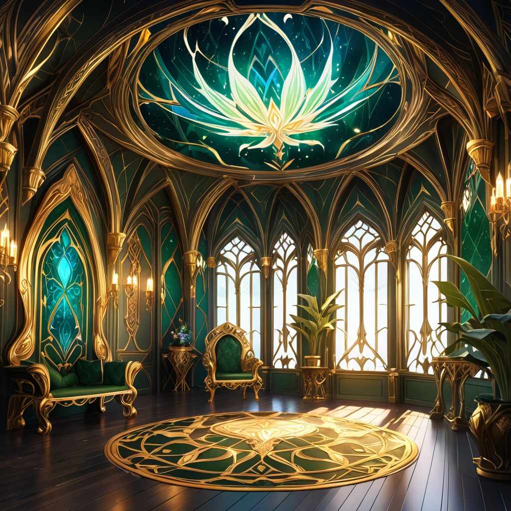 masterpiece, best quality, good quality, Fantasy aesthetics, Highly detailed, shadowverse style, background, background only, elven room interor, elven aesthetic, golden majestic design