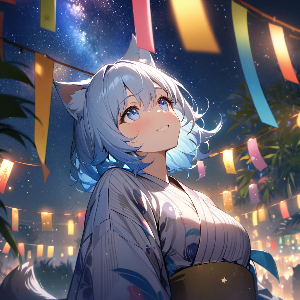 Best quality, masterpiece, Wishing Girl,light blue hair,blue eyes,wolf cut hair,cat ear,smile, looking up at the sky, yukata, Milky Way, night view, Tanabata Festival, large tall bamboos and colorful hanging decoration,gold light particles effect