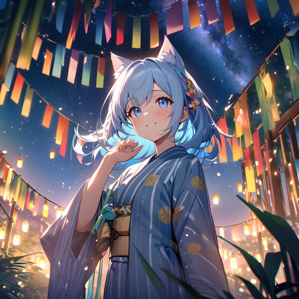 Best quality, masterpiece, Wishing Girl,light blue hair,blue eyes,wolf cut hair,cat ear,smile, looking up at the sky, yukata, Milky Way, night view, Tanabata Festival, large tall bamboos and colorful hanging decoration,gold light particles effect