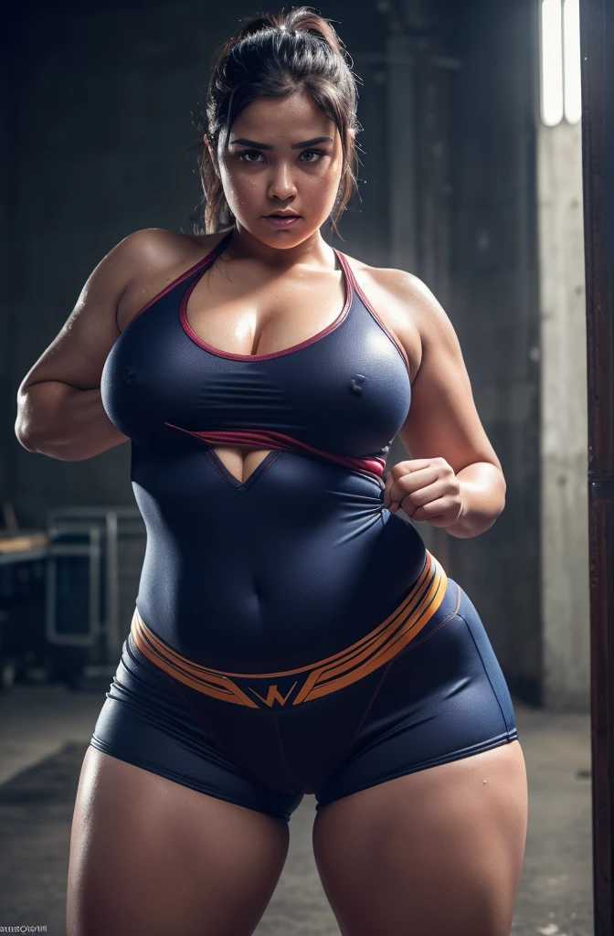 Chubby superheroine, Waist slender, athletics, sweat, (sweaty body), expression of weakness, humida, (best qualityer, 4K, 8K, high resolution, Masterpiece artwork:1.2), super verbose, (practical, fotopractical, foto-practical: 1.37), He's standing against the wall, tired pose Vibrant colors, dynamic lighting , (face detailed), (thick lips), ((intense red lipstick)), white belt, Supergirl、(long red leather boots), ((blue and red strapless leotard)), ((Supergirl strapless leotard)), (((Very painful expression))), (Breasts huge), (Thick thighs:1.2), (full body:1.5), (body shot:1.5)
