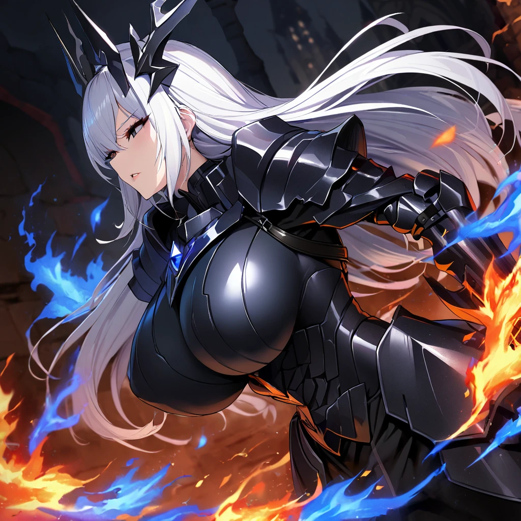 1girl,solo,long hair,white hair color,Jet-black eyes color,lip,super huge breasts,Jet-black armor,breasts restrained by armor,fall into darkness,darkness knight,dark sword,burst into flames,dark flame,blue flame,dark castle back ground,