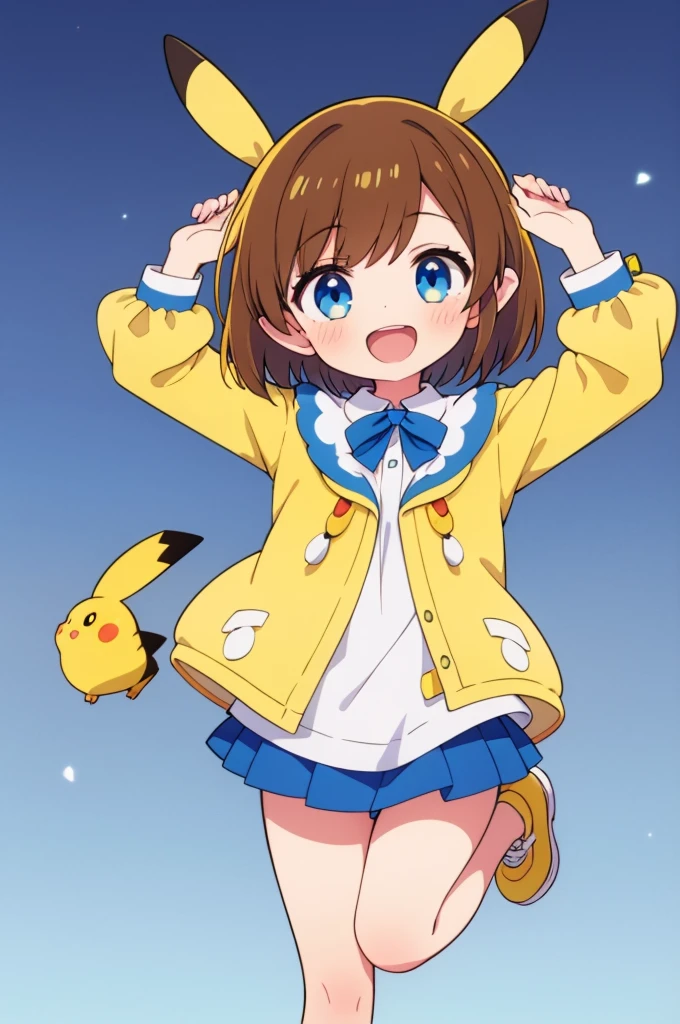 One girl,Little, Pikachu's ears,Brown Hair, short hair, Yellow poncho, blue eyes,whole body,Background Transparent,Laughing happily