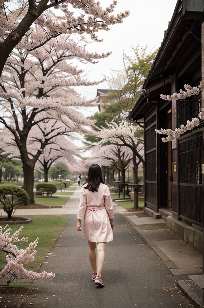 girl walks in the park where sakura blooms