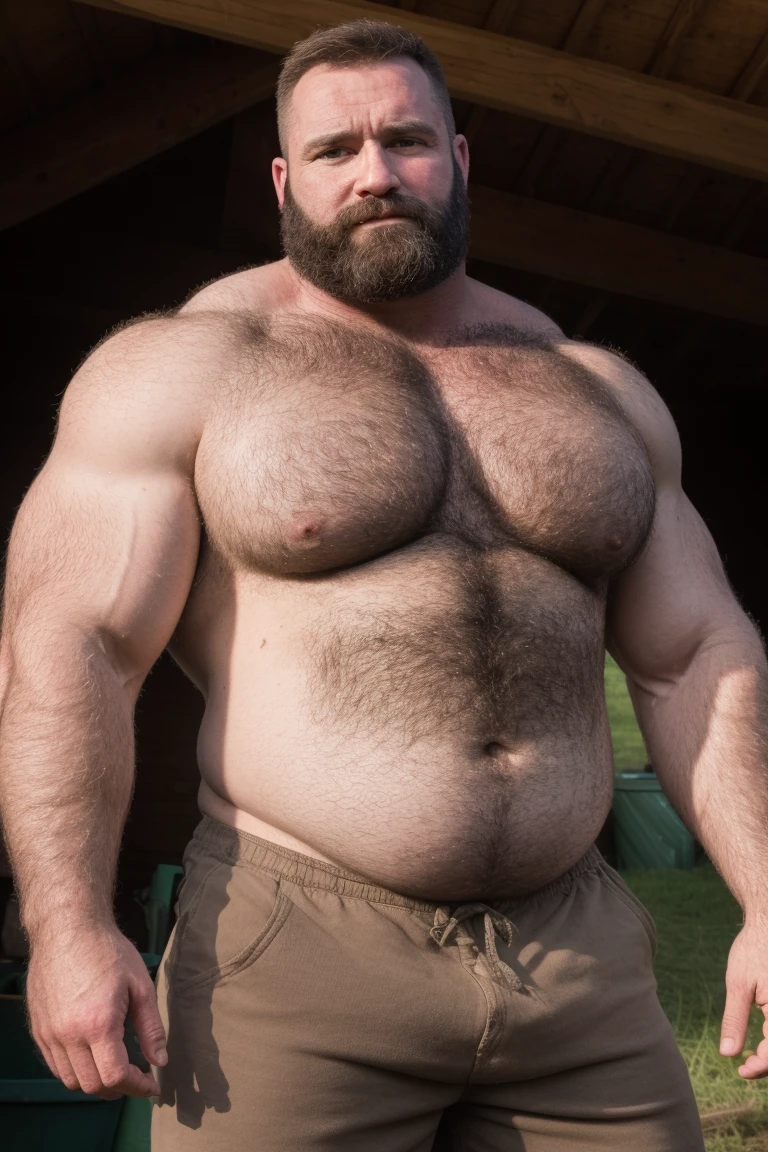 8K HIGH RESOLUTION HDR Very Extremely Realistic Very Detailed High Quality Create a professional studio-style 8K HDR Very Real photograph featuring a middle-aged daddy rugged bodybuilder muscle bears man , burly, very realy detailed hairy, 8K very realistic beared big daddy muscle bear,  and 8K very realistic detailed rugged burly man in shorts. Very Realistic detailed shorts, very realistic hair, very realistic beards, very realistic thick chubby fat neck, very realistic neck lines, very realistic detailed neck, very realistic belly, very realistic burly chest, very realistic detailed hairy burly strong chest and arms, very realistic detailed hairy burly strong chest and arms, very realistic pecs, very realistic burly muscle bear body, very realistic nipples, very realistic burly muscle bear body, very realistic face, very realistic detailed face, very realistic eyes, very realistic detailed eyes, very realistic pupils, very realistic detailed pupils, very realistic head, very realistic waist, very realistic facial features, very realistic burly arms, very realistic elbows, very realistic hands, very realistic pecs, very realistic belly, very realistic human man body, very realistic bellybutton, very realistic wrists, very realistic fingers, very realistic fingernails, very realistic shoulders, very realistic mouth, very realistic lips, very realistic mens clothing, very realistic detailed mens clothing. 8K HDR Very Realistic Hairy Bearded Burly Muscle bear Photoshoot, A very realistic burly muscle bear man in a Farm,  8K HDR Very Realistic Intricately Detailed, 8K HDR very realistic detailed Farm surroundings, 8K HDR very realistic surroundings lighting, No Deformities, captured with a 85mm lens by a world famous photographer, 8K HDR Very Ultra Realistic and 8K HDR Very Realistic Photograph, 8K HDR Clear HDR Quality full with very realistic real details 