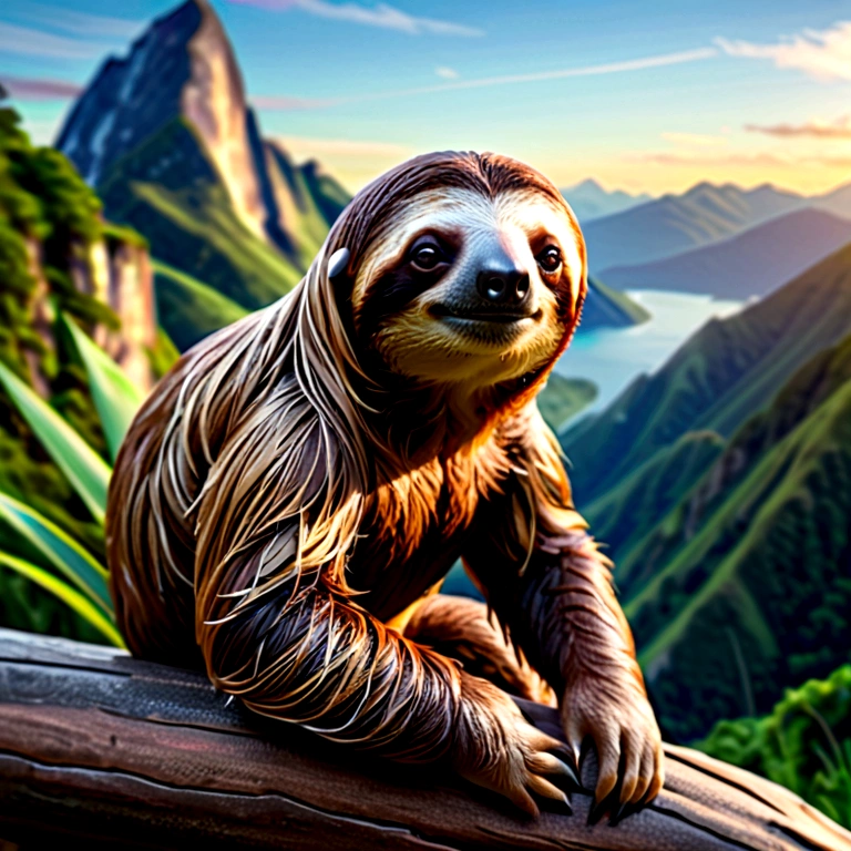 A detailed, hyper-realistic 4K representation of a sloth, with sharp edges, in a mountain landscape in the background in vector graphics