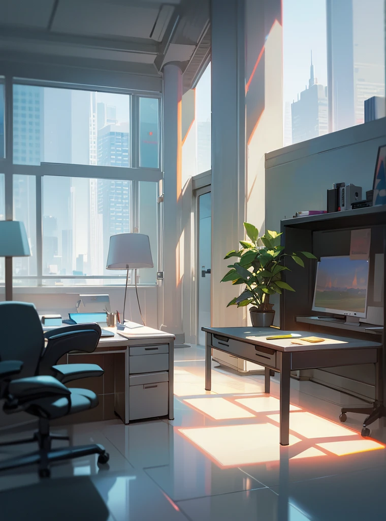 office,  The office of the future, futuristic design, large desk, wall with paintings and diplomas, Glossy floor, hlLarge spacious windows, outside the window you can see a futuristic city with multi-story office buildings, starships fly,  16 thousand. ue5. Ultra slim, 8 k, HDR, product photography, depth of field, Nikon D850, Ultra realistic, no contrast, pure sharp focus, professional, There is no blur, Bright office, Light shades, view from the floor, even more modern, office from the future, luxurious executive office 