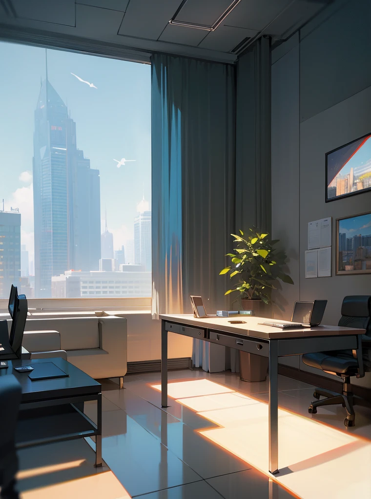 office, The office of the future, futuristic design, large desk, wall with paintings and diplomas, Glossy floor, hlLarge spacious windows, outside the window you can see a futuristic city with multi-story office buildings, starships fly, 16 thousand. ue5. Ultra slim, 8 k, HDR, product photography, depth of field, Nikon D850, Ultra realistic, no contrast, pure sharp focus, professional, There is no blur, Bright office, Light shades, view from the floor, even more modern, office from the future, luxurious executive office