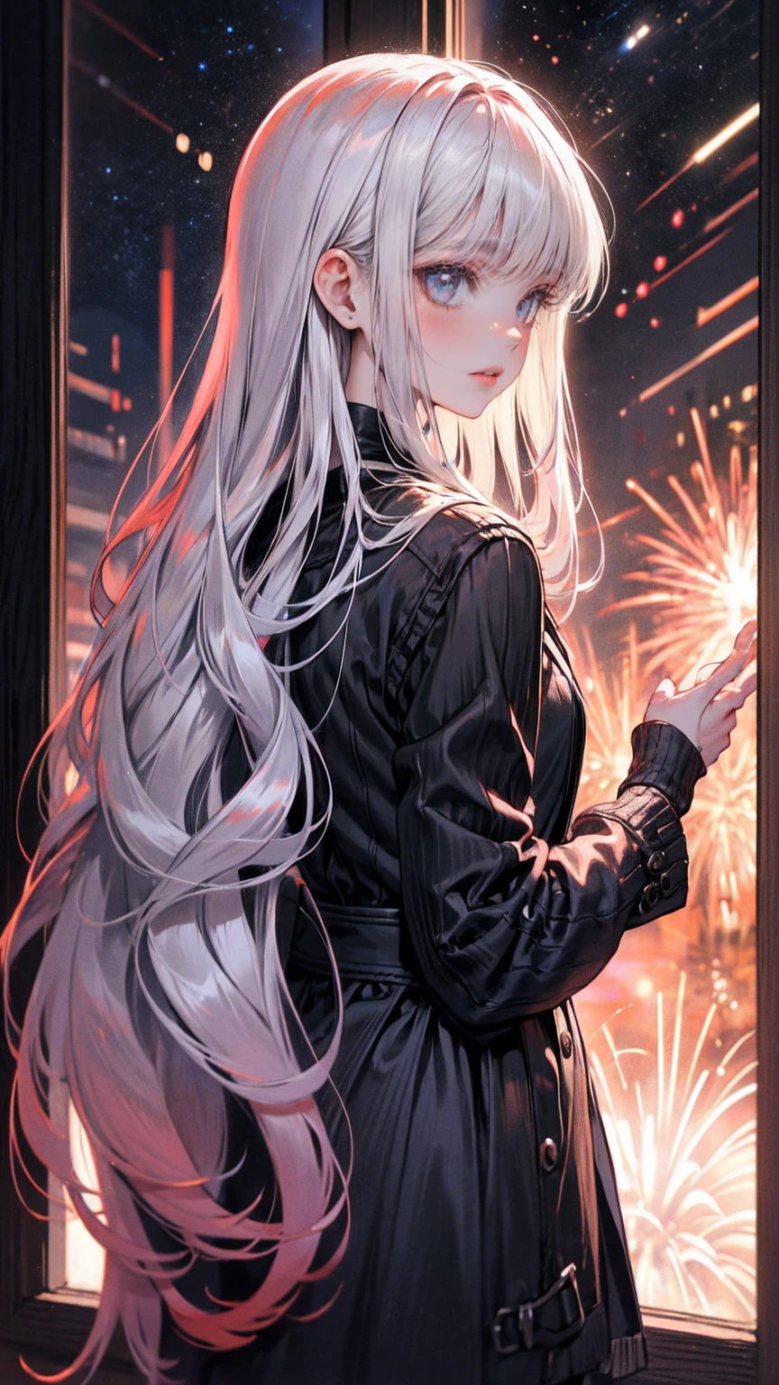 1 man, tall muscular guy, male, delicate face, A joyful individual with disheveled long dark hair and swept-back bangs, donning a stylish grey turltle-neck and thin cardigan, positioned next to a window overlooking a mesmerizing night sky filled with twinkling stars and vibrant bursts of fireworks.ulnerability, staring into the distance, the vista, Monochrome grayscale, view from the back, delicated smile
