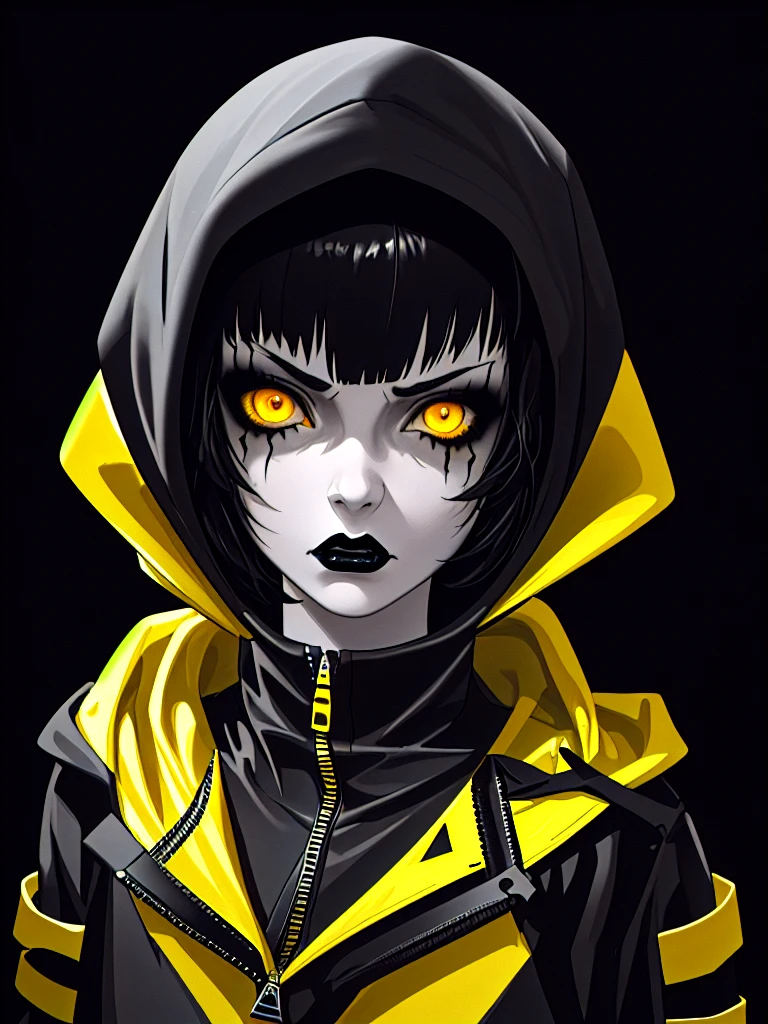 ((Portrait)), Young Girl, Wavy Black Short Length Haircut with Uneven Strands, Inexpressive Face, Electric Yellow Eyes, Dark Gothic Makeup, Very Slim Body, Lightweight Black and Yellow Techwear Sweatshirt with Long Zippers and Hood, ((Portrait, HDR, Dark Background)), Masterpiece