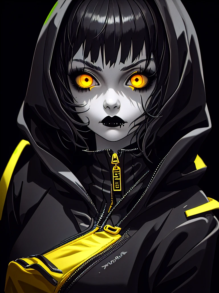 ((Portrait)), Young Girl, Wavy Black Short Length Haircut with Uneven Strands, Inexpressive Face, Electric Yellow Eyes, Dark Gothic Makeup, Very Slim Body, Lightweight Black and Yellow Techwear Sweatshirt with Long Zippers and Hood, ((Portrait, HDR, Dark Background)), Masterpiece