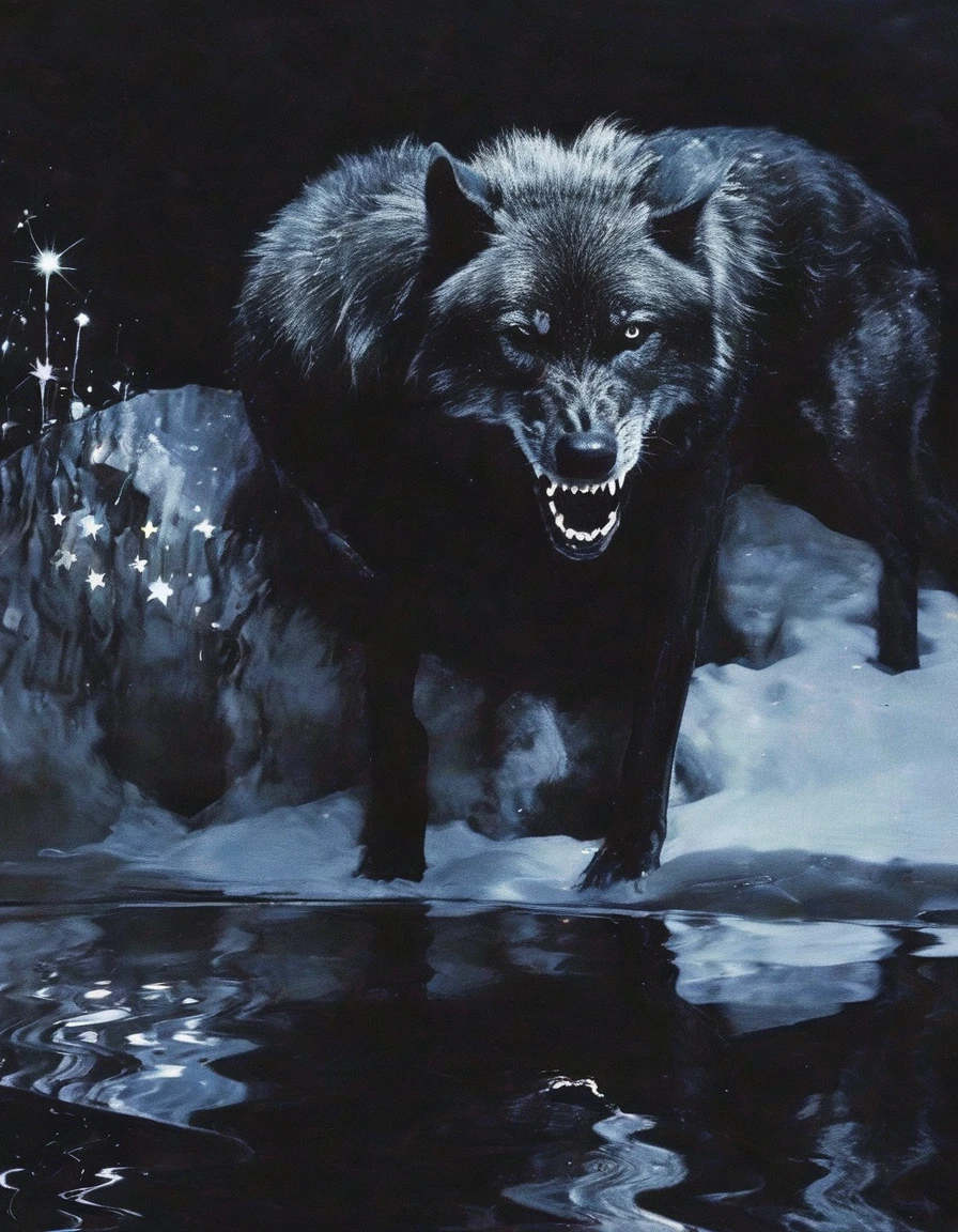 black wolf in water, stars background