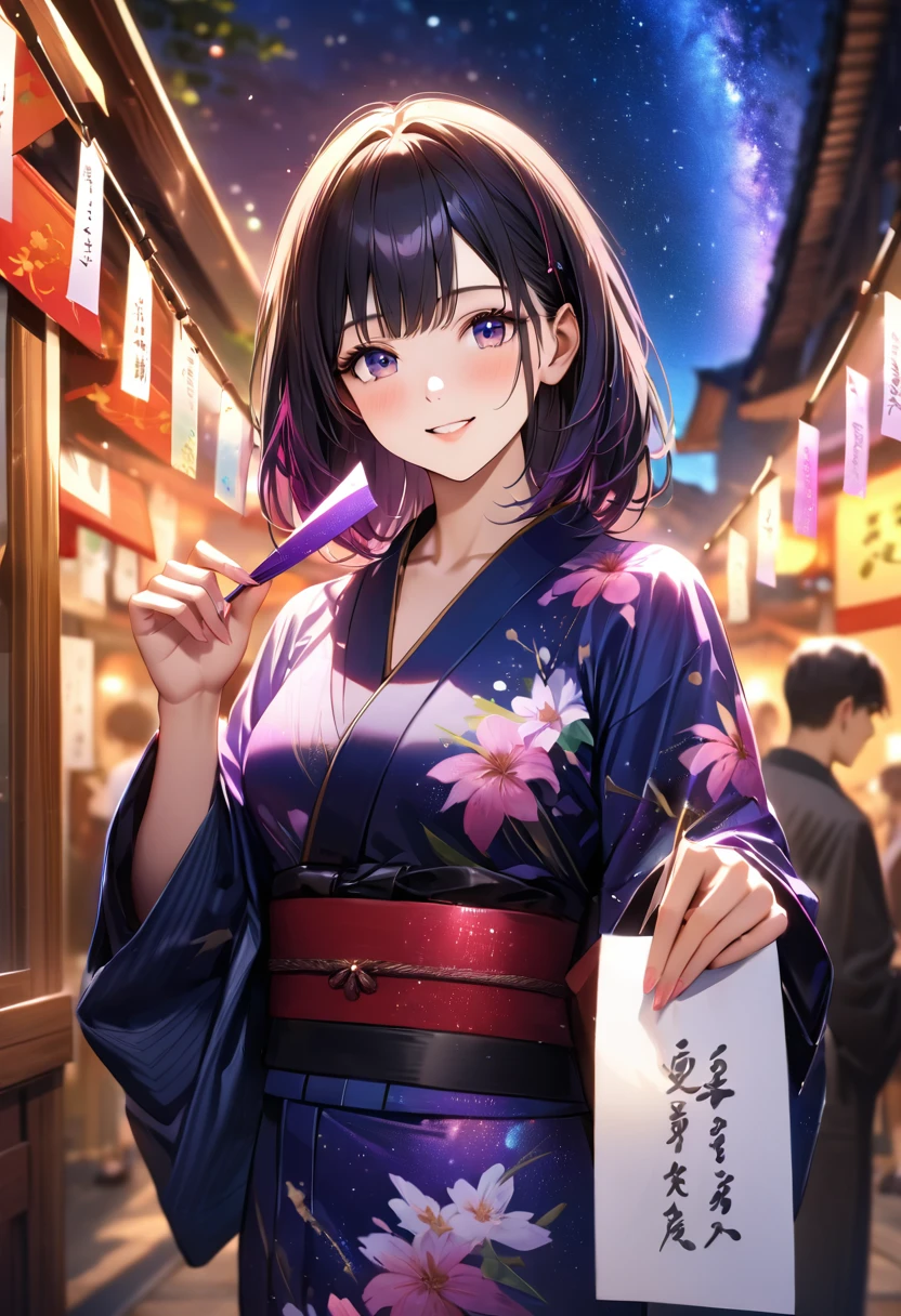 Tanabata,night, milky way,Yukata, Hold a paper strip in one hand,Looking at the sky,Blur the background,high school girl,smile,Glitter effect,Highest quality, 8K, High resolution, masterpiece:1.2, Very detailed, Realistic:1.37, High resolution, 超High resolution, Ultra-fine painting, Very detailed, Professional, Vibrant colors