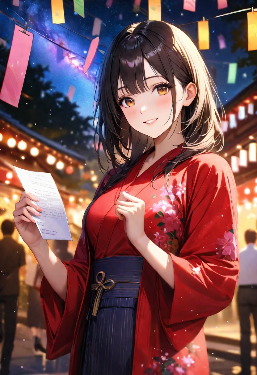 Tanabata,night, milky way,Yukata, Hold a paper strip in one hand,Looking at the sky,Blur the background,high school girl,smile,Glitter effect,Highest quality, 8K, High resolution, masterpiece:1.2, Very detailed, Realistic:1.37, High resolution, 超High resolution, Ultra-fine painting, Very detailed, Professional, Vibrant colors