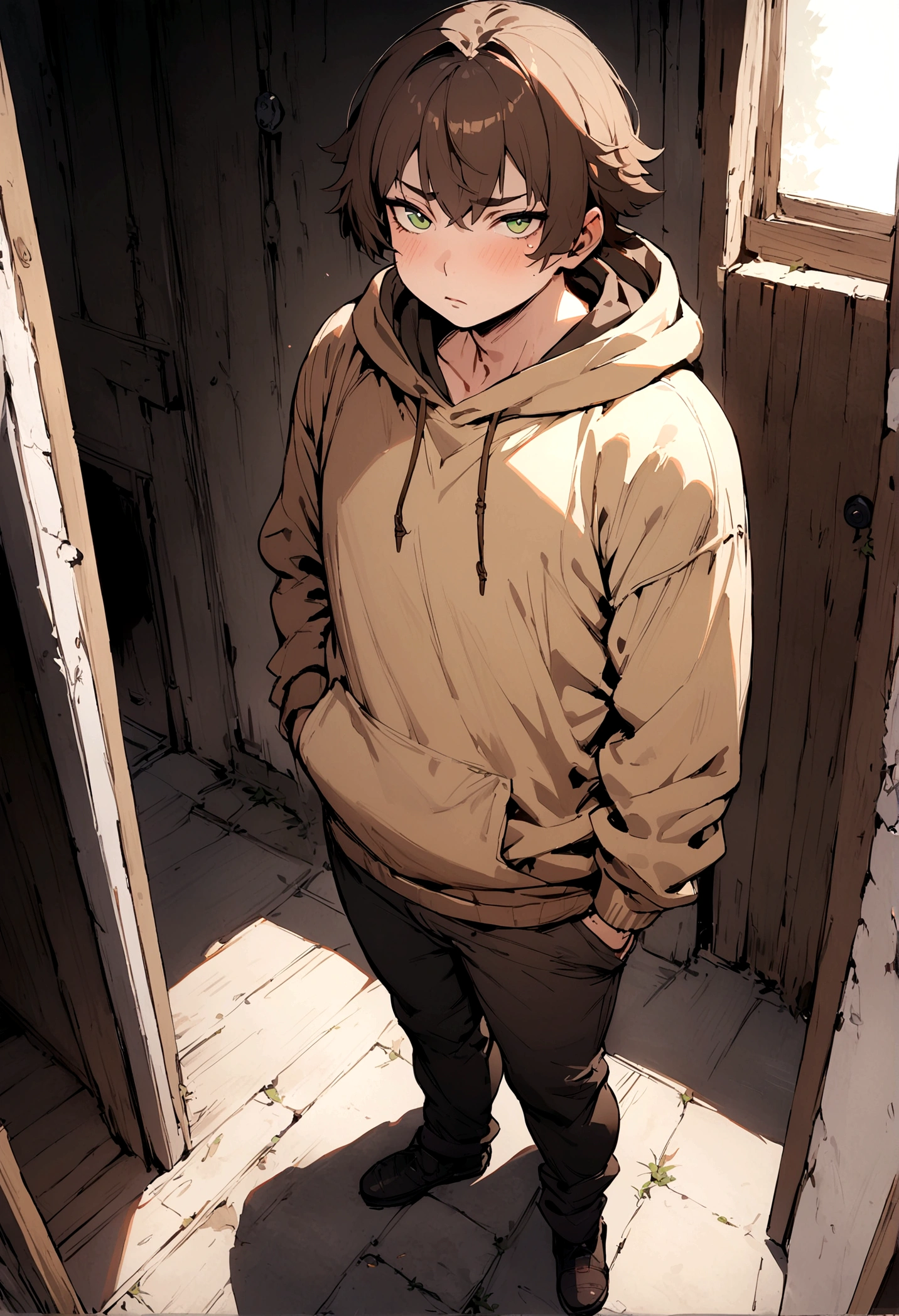 fullbody,masterpiece,standing,light brown hoodie,dark brown unruly short hair,green eyes, bangs,adult,1boy,solo,light stuble,