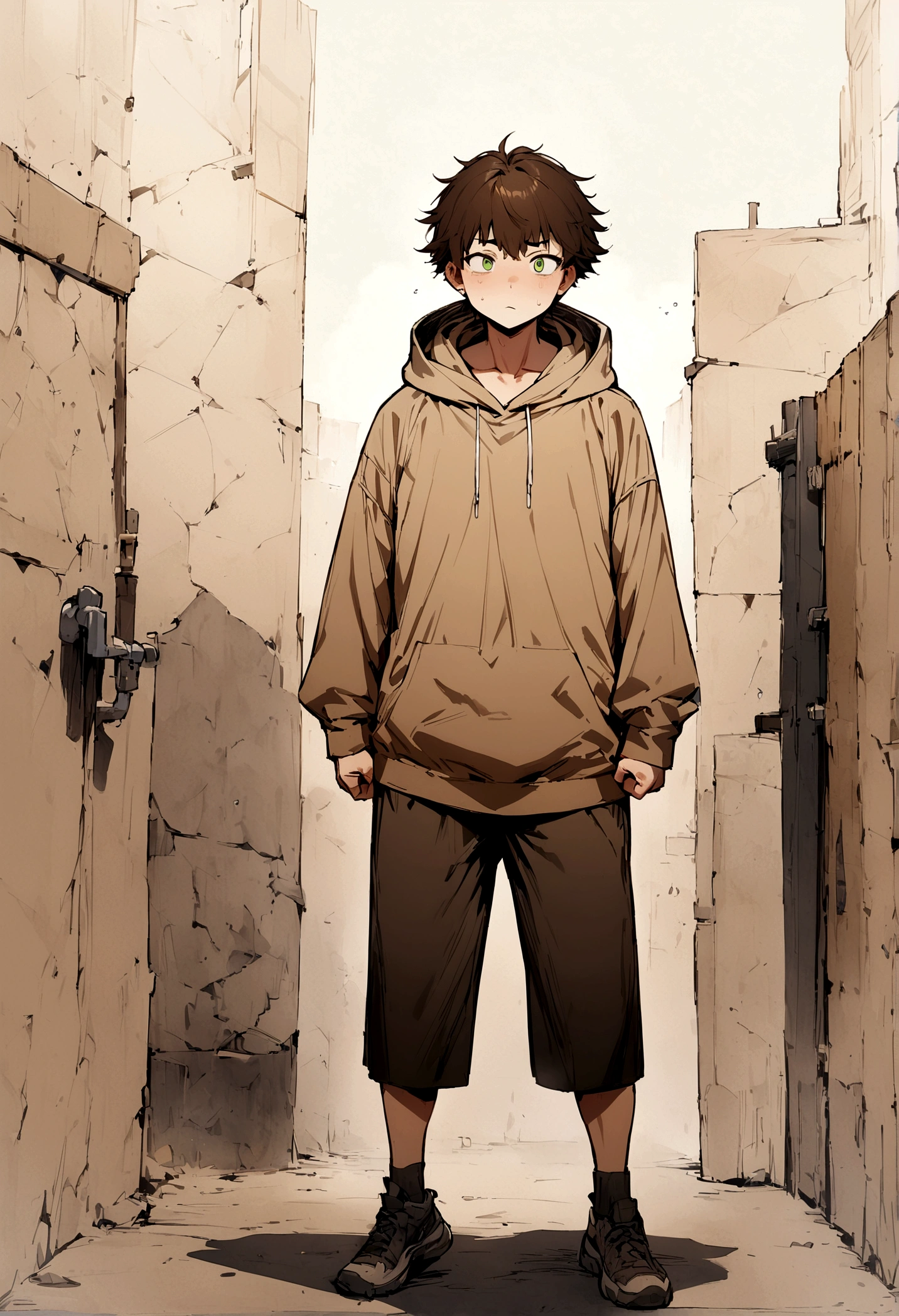 fullbody,masterpiece,standing,light brown hoodie,dark brown unruly short hair,green eyes, bangs,adult,1boy,solo,light stuble,