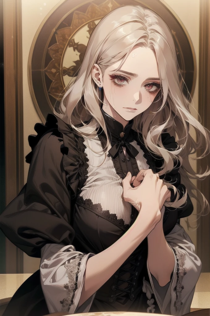 Always detailed face, Perfect lighting, Extremely detailed CG, (Perfect hands, Perfect Anatomy),Very detailed, Long Hair Straight Hair、Dark Gothic Makeup、Dark smile、Restless Palace、Expression of sexual arousal、The beauty of fragrance、22 years old、liar、charm、Embarrassed look、Dark Gothic、Maid clothes、Bell Sleeves、Wizard Sleeve、Obscene language、Stained Glass Background、Tabletop、Highest quality、Sweat glistens on my chest、Drunk face、Maid clothes不思議な、Noble、Gothic Fashion、The body is wet and shiny、I'm sweating a lot、Large Breast Size、Loving smile、Twin tail hair、Platinum Blonde Hair、Jet black frill skirt、Shadow、Gothic bed covered with roses、Transcendental Enchantment is temporarily disabled、A pause in crawling、charm的な脚、Knee-high socks、Thigh-high socks、lace trim bra, lace trim panties, Pink Lingerie, Lace-trimmed legwear, Black lace, Side tie panties, satin panties, garter belt, Good elevator, The whole body is covered in oil and has a glossy appearance. Steam is coming out of my whole body Steam like a sauna room fills the screen.. White breath from the mouth