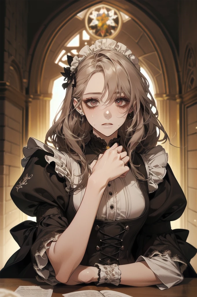 Always detailed face, Perfect lighting, Extremely detailed CG, (Perfect hands, Perfect Anatomy),Very detailed, Long Hair Straight Hair、Dark Gothic Makeup、Dark smile、Restless Palace、Expression of sexual arousal、The beauty of fragrance、22 years old、liar、charm、Embarrassed look、Dark Gothic、Maid clothes、Bell Sleeves、Wizard Sleeve、Obscene language、Stained Glass Background、Tabletop、Highest quality、Sweat glistens on my chest、Drunk face、Maid clothes不思議な、Noble、Gothic Fashion、The body is wet and shiny、I'm sweating a lot、Large Breast Size、Loving smile、Twin tail hair、Platinum Blonde Hair、Jet black frill skirt、Shadow、Gothic bed covered with roses、Transcendental Enchantment is temporarily disabled、A pause in crawling、charm的な脚、Knee-high socks、Thigh-high socks、lace trim bra, lace trim panties, Pink Lingerie, Lace-trimmed legwear, Black lace, Side tie panties, satin panties, garter belt, Good elevator, The whole body is covered in oil and has a glossy appearance. Steam is coming out of my whole body Steam like a sauna room fills the screen.. White breath from the mouth
