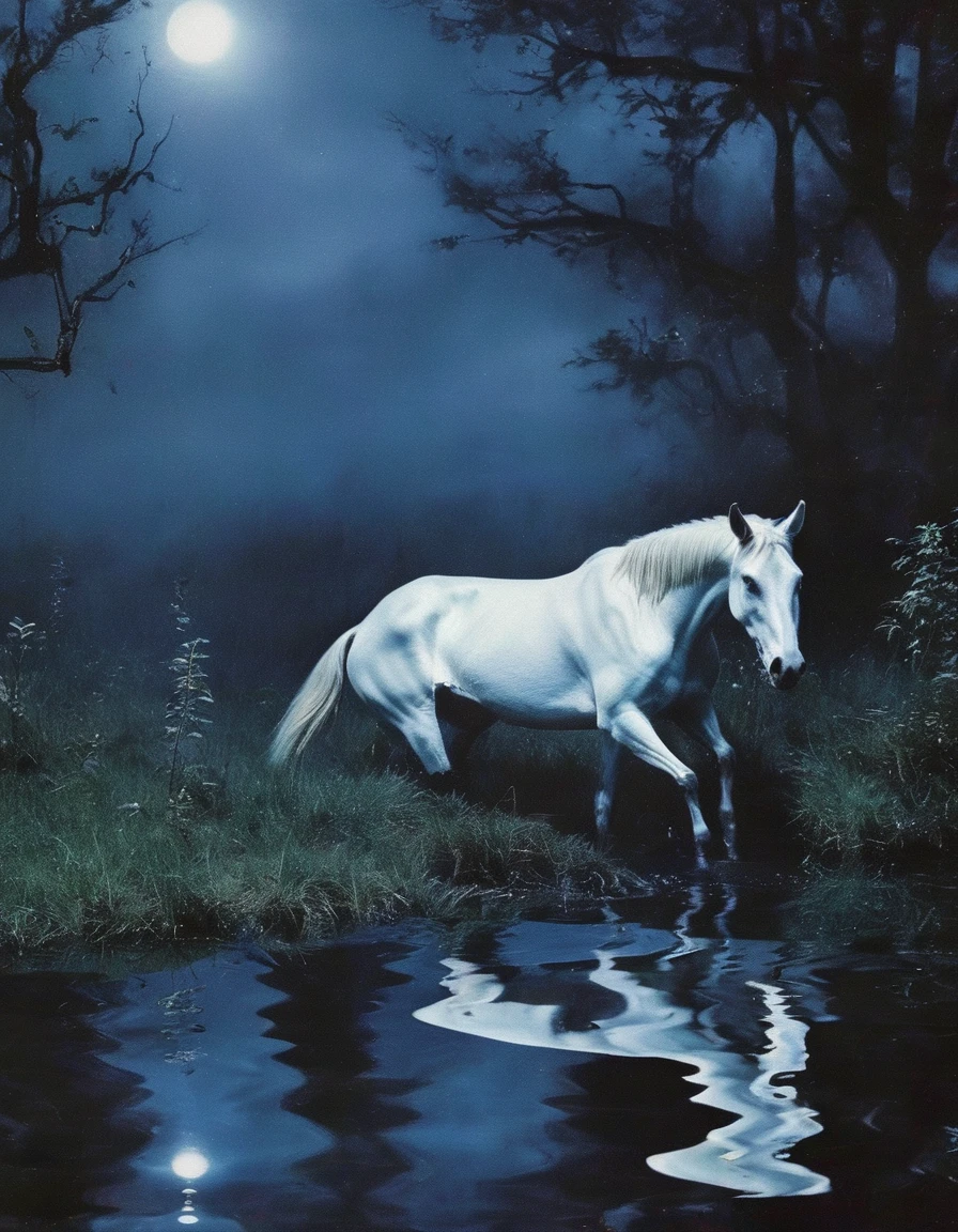 unicorn in water, night forest background