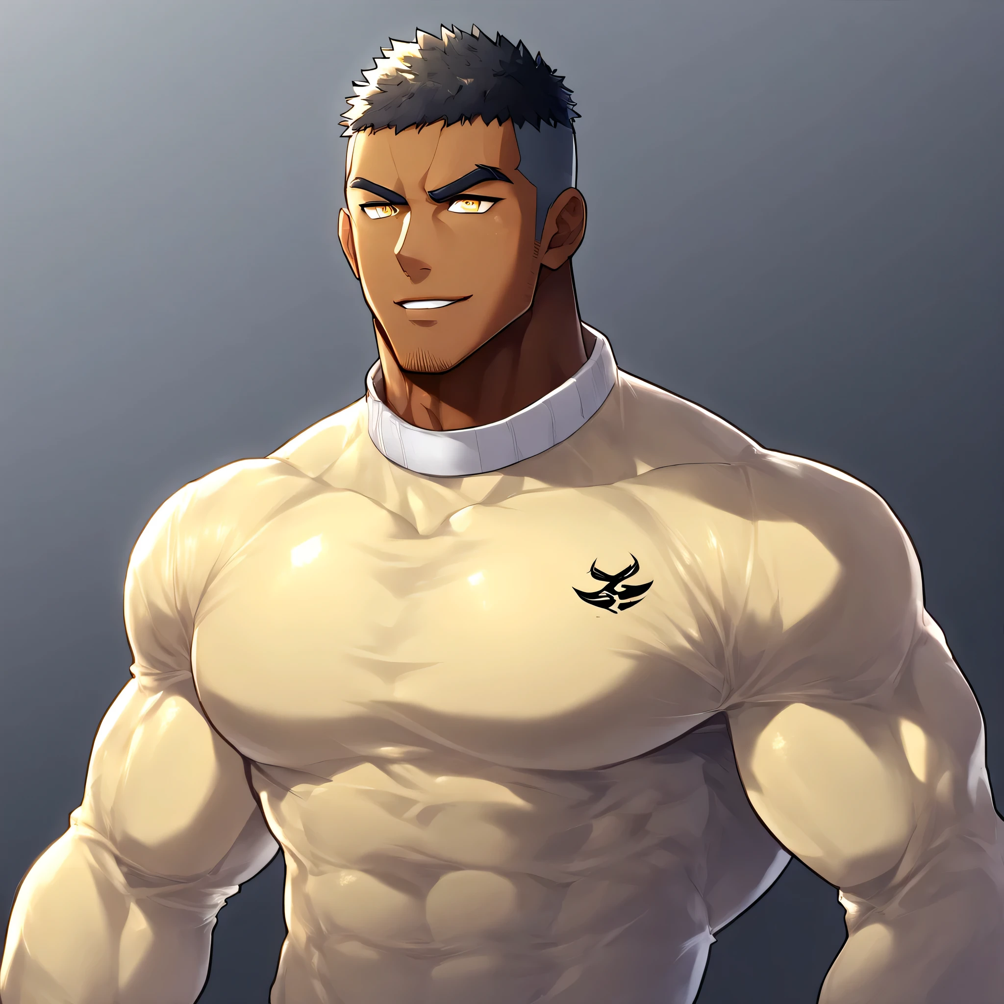 anime characters：Gyee, Muscle Sports Student, negro black skin, 1 dark skin muscular tough guy, Manliness, male focus, Light yellow high collar long sleeve tight T-shirt, Slightly transparent material, Very tight, Round, full and perky chest muscles, Slightly transparent, muscular male, muscular, only, Upper body, alone, Black short hair, Thick eyebrows, stubble, Yellow eyes, Grey background, simple background, amazing quality, best aesthetics, Ridiculous, bright pupils, crew cut, parted lips, seductive smile, torogao, naughty face, drop shadow, best quality