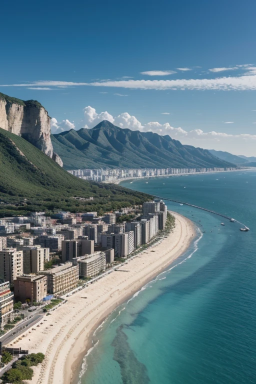 Coastal city compressed between narrow alluvial plains compressed between mountains and hills and is located on three large massifs, golden sandy beaches, brutalist and modern architecture 