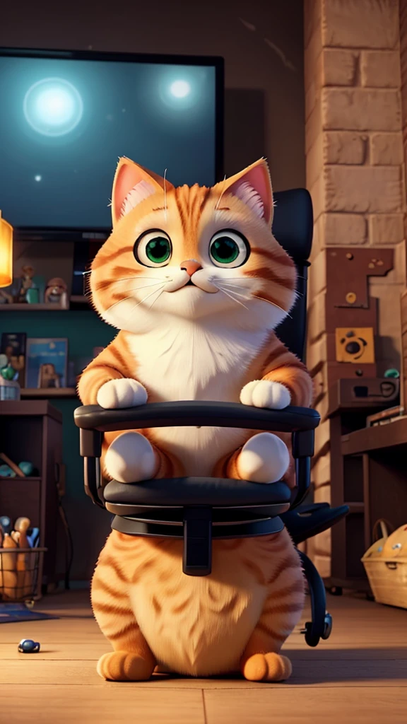 A stunning illustration of a chubby orange tabby cat, its adorable large eyes gleaming with excitement, rendered in a mesmerizing blend of anime and Disney style, with vibrant, radiant hues of burnt orange, creamy whites, and rich golds, against a warm background, exuding whimsy and wonder, in ultra-high resolution, with meticulous textures and details, showcasing the ultimate fusion of realism and fantasy, adding an element of daily life and adventure to the whimsical scene. The cat is depicted in a dark room, sitting in a gaming chair, playing games on a computer while wearing headphones, with eyes gleaming intensely. It is holding a controller, and the desk is cluttered with many cans of energy drinks, adding to the chaotic and immersive atmosphere of the scene.