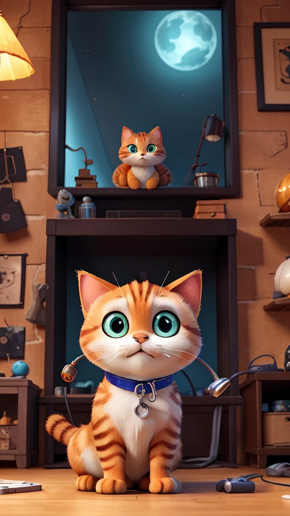 A stunning illustration of a chubby orange tabby cat, its adorable large eyes gleaming with excitement, rendered in a mesmerizing blend of anime and Disney style, with vibrant, radiant hues of burnt orange, creamy whites, and rich golds, against a warm background, exuding whimsy and wonder, in ultra-high resolution, with meticulous textures and details, showcasing the ultimate fusion of realism and fantasy, adding an element of daily life and adventure to the whimsical scene. The cat is depicted in a dark room, sitting in a gaming chair, playing games on a computer while wearing headphones, with eyes gleaming intensely. It is holding a controller, and the desk is cluttered with many cans of energy drinks, adding to the chaotic and immersive atmosphere of the scene.