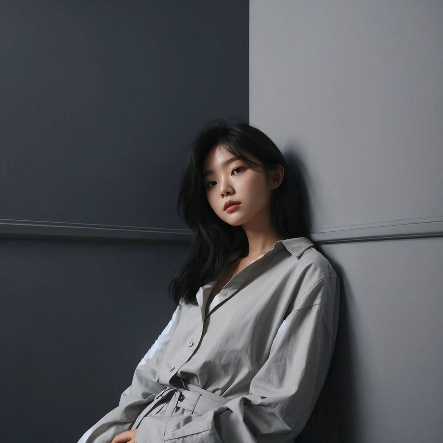 A corner of a room with a bold plain gray color concept. In the corner, a young Korean woman leans against the wall, looking foward, She wears a long shirt, The photo is taken from bottom, realistic style.