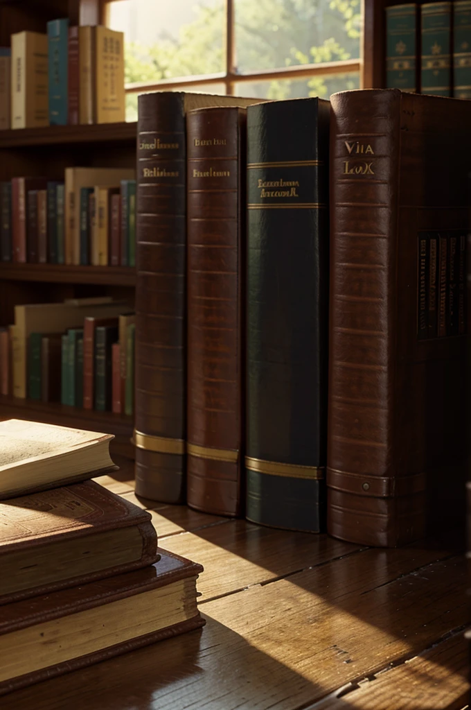 Photorealistic quality. high detail. An old volume of a closed book lies on a table in the library.. soft light. Side view. The Russian Word is written on the spine of the book.. Background - shelves with books