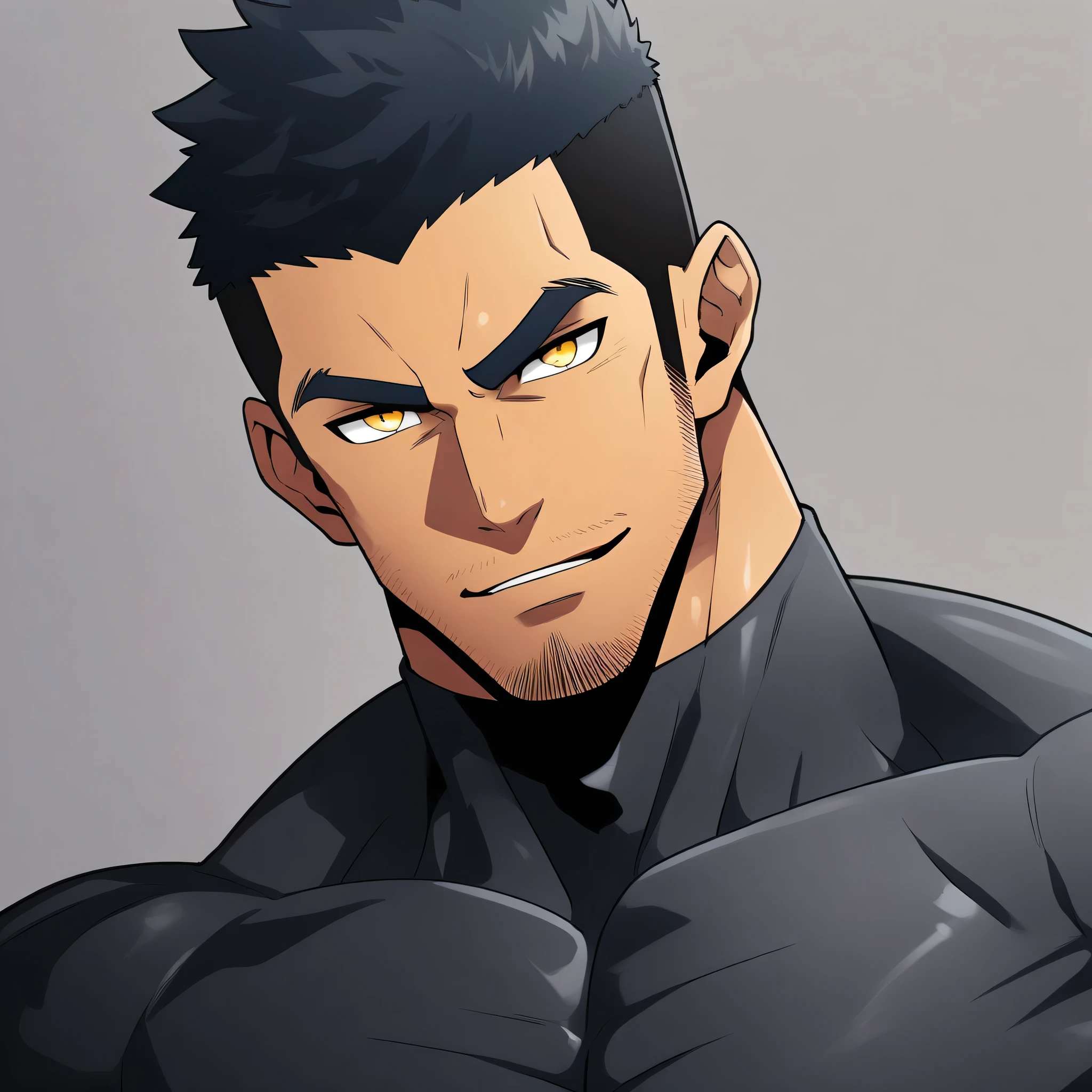 anime characters:Gyee, Muscle Sports Student, negro black skin, 1 dark skin muscular tough guy, Manliness, male focus, Dark grey high collar long sleeve wetsuit, Matte texture, Very tight, Round, full and perky chest muscles, Slightly transparent, muscular male, muscular, only, Upper body, alone, Black short hair, Thick eyebrows, stubble, Yellow eyes, Grey background, simple background, amazing quality, best aesthetics, Ridiculous, bright pupils, crew cut, parted lips, seductive smile, torogao, naughty face, best quality