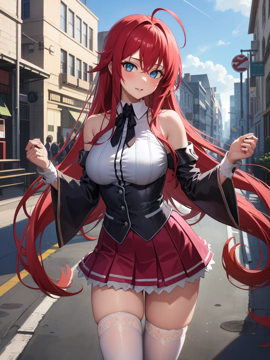 ANIME_DxD_Rias_Gremory_ownwaifu, 1girl, bangs, long hair, red hair, breasts, large breasts, rias gremory, blue eyes, hair between eyes, very long hair, collarbone, hair intakes, hair over breasts, 
BREAK detached collar, detached sleeves, frilled sleeves, frills, long sleeves, miniskirt, pleated skirt, ribbon, skirt, thighhighs, white skirt, white sleeves, white thighhighs, wide sleeves, zettai ryouiki,
BREAK outdoors, city,
BREAK looking at viewer, BREAK (masterpiece:1.2), best quality, high resolution, unity 8k wallpaper, (illustration:0.8), (beautiful detailed eyes:1.6), extremely detailed face, perfect lighting, extremely detailed CG, (perfect hands, perfect anatomy),