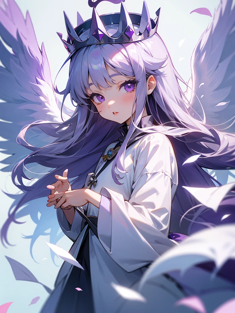 Tarako lips, purple eyes, long silver hair, polar bear costume, white wings, flower petals, small crown, girl, pacifier