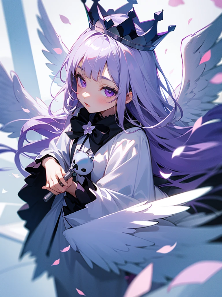 Tarako lips, purple eyes, long silver hair, polar bear costume, white wings, flower petals, small crown, girl, pacifier