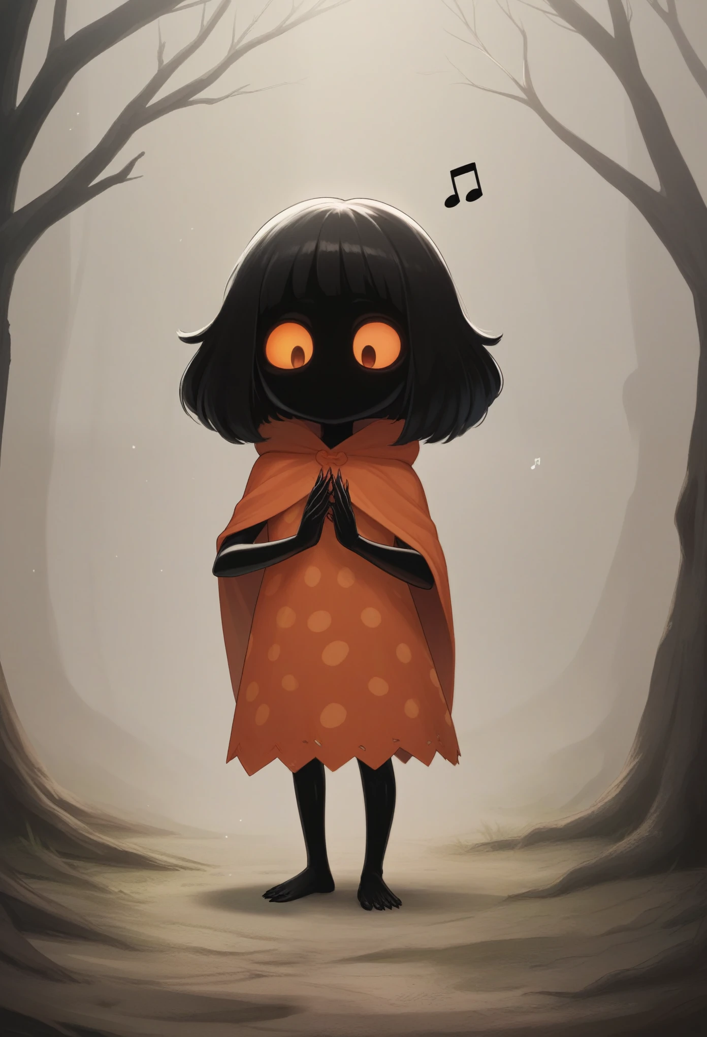score_9, score_8_up, score_7_up, score_6_up, score_5_up, score_4_up, cute devil girl dancing, evil smiles, (dancing),music notes, (big trees in the forest), cute horror fantasy, disney-style horror effects,pure black skin,chibi, limbs\(skinny\),orange eyes,hair,looking down, cloak\(cute patterned,thick cloth\),long nail