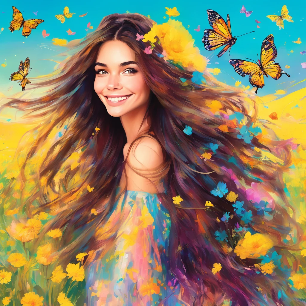 The aesthetics of digital art, with precise lines and a smooth gradient (a brunette with long hair, a playful smile), intricate details, vivid colors, semi-realistic but idealized pastel colors, with yellow flowers in a field, whimsical and srene with butterflies fluttering around the person, add a whimsical touch.