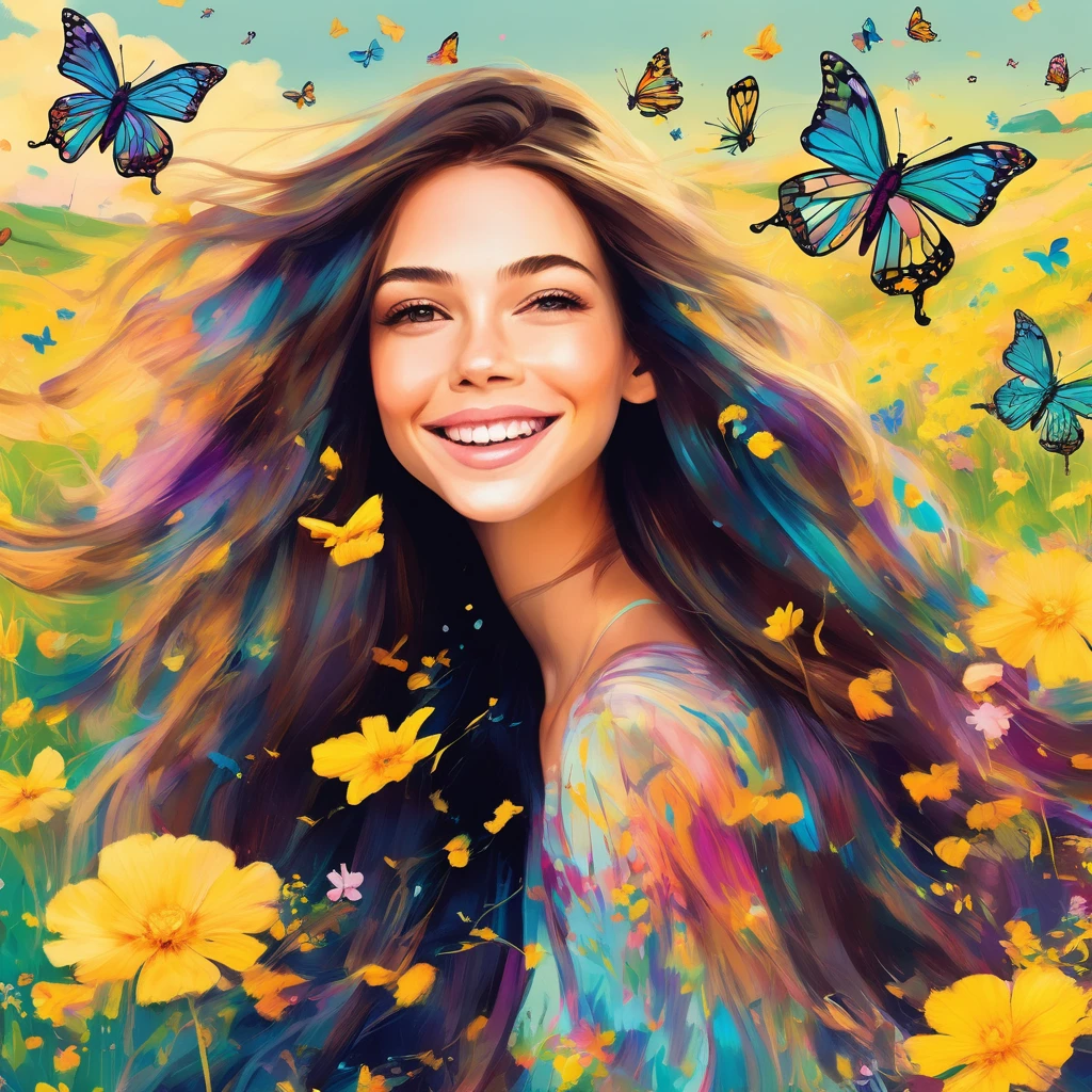 The aesthetics of digital art, with precise lines and a smooth gradient (a brunette with long hair, a playful smile), intricate details, vivid colors, semi-realistic but idealized pastel colors, with yellow flowers in a field, whimsical and srene with butterflies fluttering around the person, add a whimsical touch.