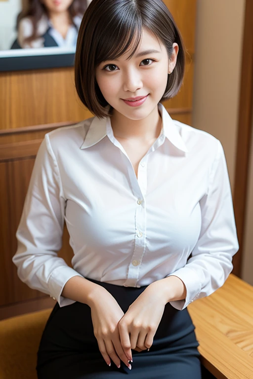 (A beautiful Japanese office lady, age 28, wearing formal White shirt with buttons & lime pencil skirt, Family-friendly Fashion Magazine Cover, friendly and feminine expressions, kind smile, dimpled chins, cute snaggle-tooth, short bob hair ponytail, symmetrical face, realistic detailed face, beautiful detailed eyes, perfect body proportions, ample round bosoms, photorealistic, hyper-realism, high contrast, ultra HD, realistic skin textures, top image quality, top-quality, super high resolution, fine details, very meticulously, masterpiece, head to knees, serene ambience, High Angle Shot, bokeh background) #Cici #CiciAi #TeamPositivity