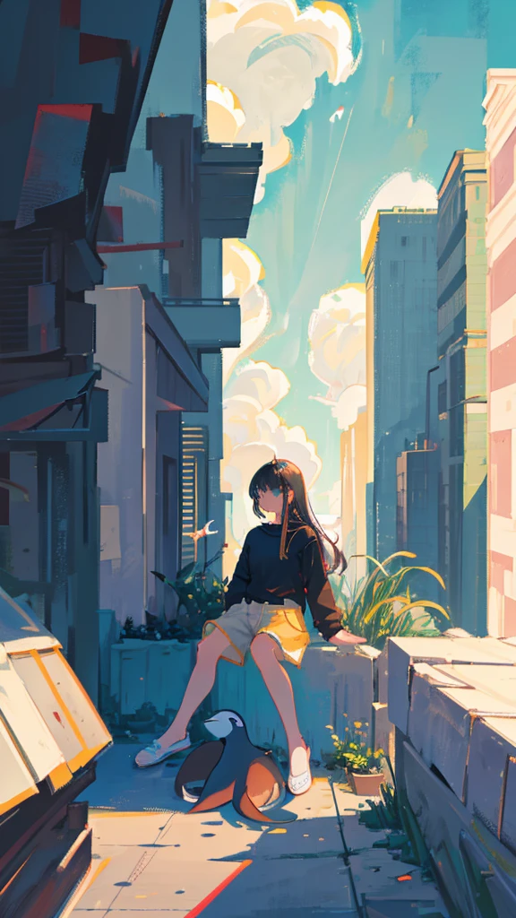 masterpiece, Exquisite detail,Highest quality, One girl, alone, handrail, cloud, Looking up at the buildings,Long Hair, NULL, Long sleeve, Power lines, White footwear, Black Hair, View your viewers, Electric pole, bangs, cloudy NULL, fish, bird, Green Eyes, Shorts, Day, Black Shirt, barefoot,Whale flying in the sky,Giant whale,night,star,milky way,night,Pitch black,Buildings,Sitting