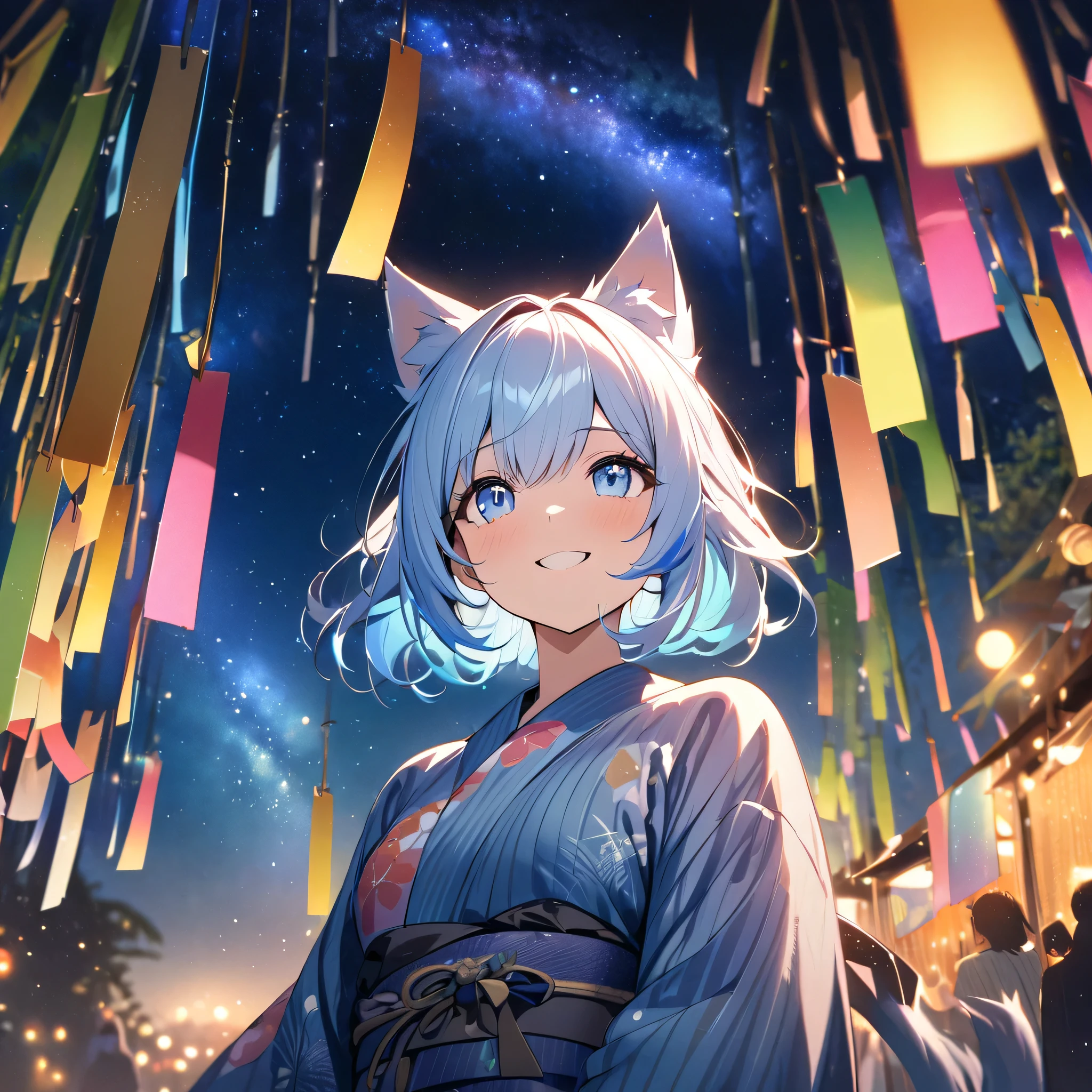 Best quality, masterpiece, Wishing Girl,light blue hair,blue eyes,wolf cut hair,cat ear,smile, looking up at the sky, yukata, Milky Way, night view, Tanabata Festival, large tall bamboos and colorful hanging decoration,gold light particles effect