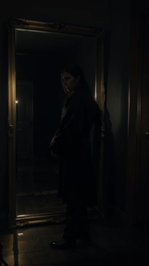 a large ornate gothic framed mirror, reflecting a shadowy figure, dark moody atmosphere, dramatic chiaroscuro lighting, cinematic composition, highly detailed, photorealistic, 8k, masterpiece