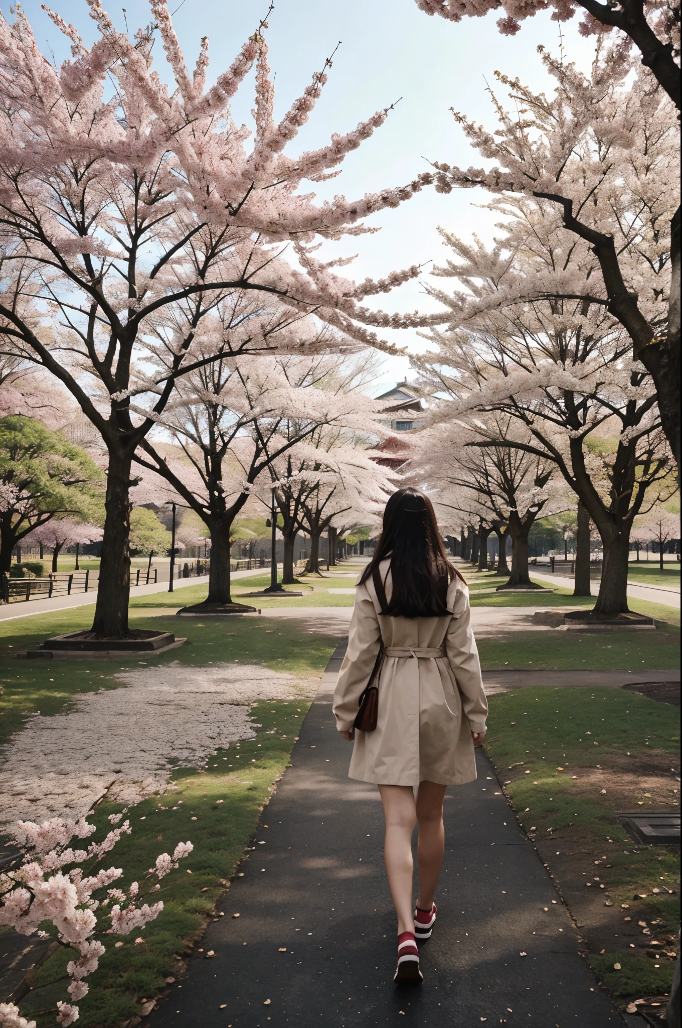 girl walks in the park where sakura blooms