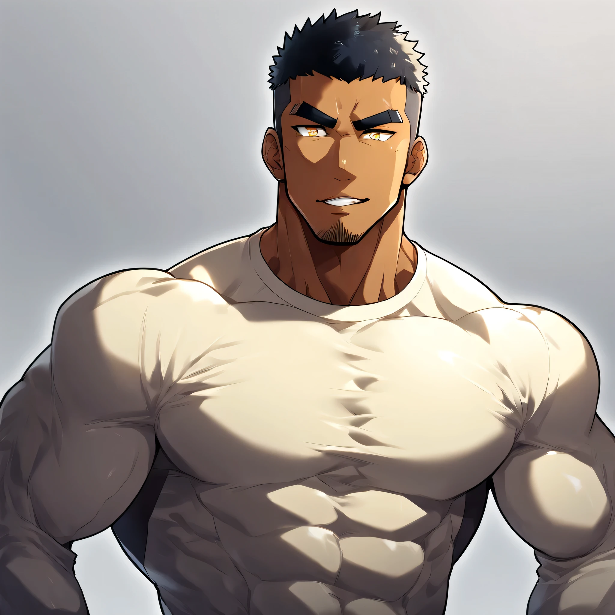 anime characters:Gyee, Muscle Sports Student, negro black skin, 1 dark skin muscular tough guy, Manliness, male focus, Light yellow high collar long sleeve tight T-shirt, Slightly transparent material, Very tight, Round, full and perky chest muscles, Slightly transparent, muscular male, muscular, only, Upper body, alone, Black short hair, Thick eyebrows, stubble, Yellow eyes, Grey background, simple background, amazing quality, best aesthetics, Ridiculous, bright pupils, crew cut, parted lips, seductive smile, torogao, naughty face, drop shadow, best quality