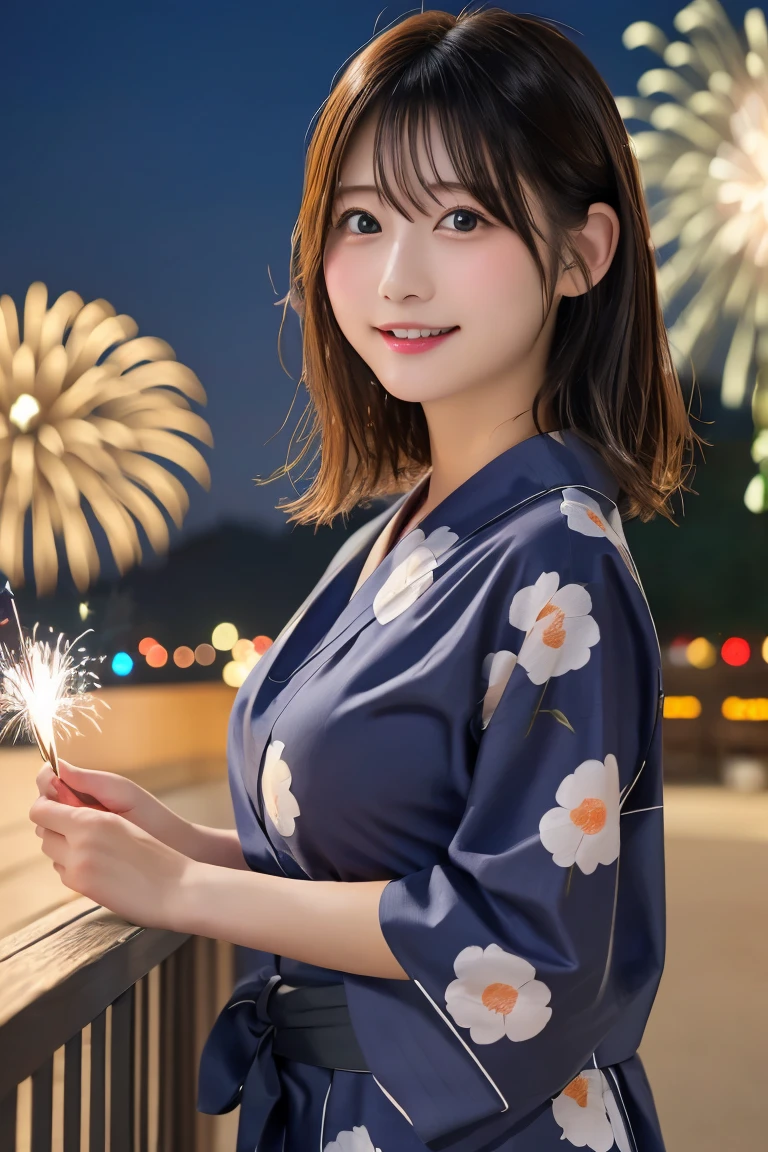 Highest quality, (beautiful)、yukata、night店、night、Fireworks、festival、Slightly larger breasts