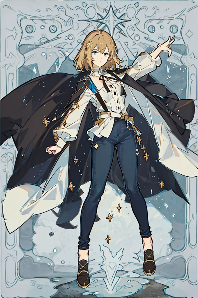 (Tomboy guy), skinny,(no breasts),(full height), (burgundy shirt), black tie, (jeans), (lots of jewelry), (lots of details),black sneakers, ((character concept art)), ((Several poses and facial expressions)), A list of characters, (character drawing, obverse, reverse, side, the same character) In the background are depicted: (same face: 1.1), (brown hair), (very short pixie haircut), (brown shaggy hair), (brown neat eyebrows), (big blue eyes),(large black eyelashes) (smooth Greek nose), (High quality), (super detail), (beautiful eyes in detail), (plump blonde lips), ((cute style)), Clean and tidy face, five fingers, perfect anatomy,palette on the background,character colors on the background.