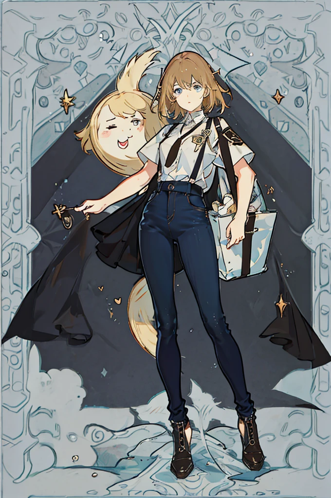 (Tomboy guy), skinny,(no breasts),(full height), (burgundy shirt), black tie, (jeans), (lots of jewelry), (lots of details),black sneakers, ((character concept art)), ((Several poses and facial expressions)), A list of characters, (character drawing, obverse, reverse, side, the same character) In the background are depicted: (same face: 1.1), (brown hair), (very short pixie haircut), (brown shaggy hair), (brown neat eyebrows), (big blue eyes),(large black eyelashes) (smooth Greek nose), (High quality), (super detail), (beautiful eyes in detail), (plump blonde lips), ((cute style)), Clean and tidy face, five fingers, perfect anatomy,palette on the background,character colors on the background.