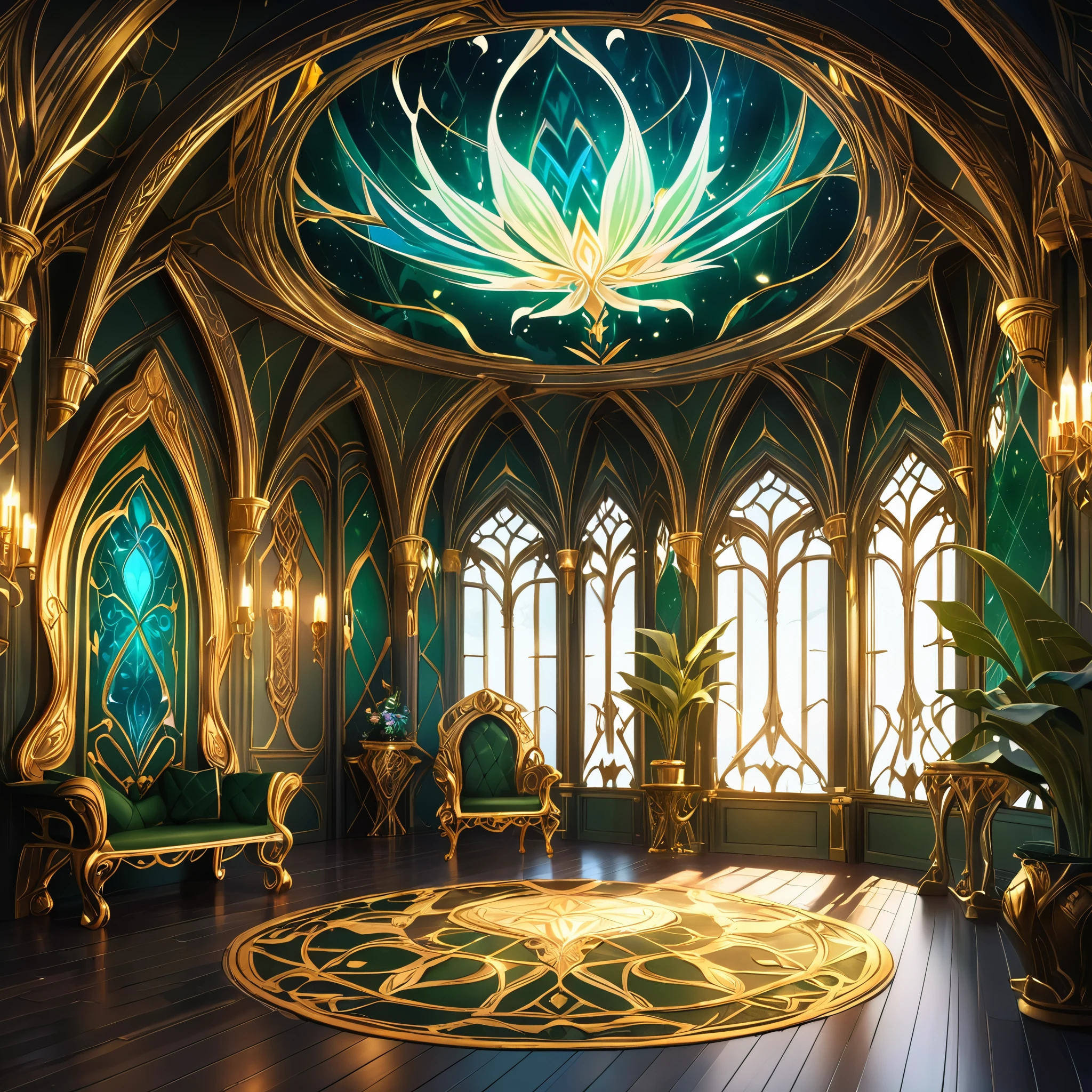 masterpiece, best quality, good quality, Fantasy aesthetics, Highly detailed, shadowverse style, background, background only, elven room interor, elven aesthetic, golden majestic design