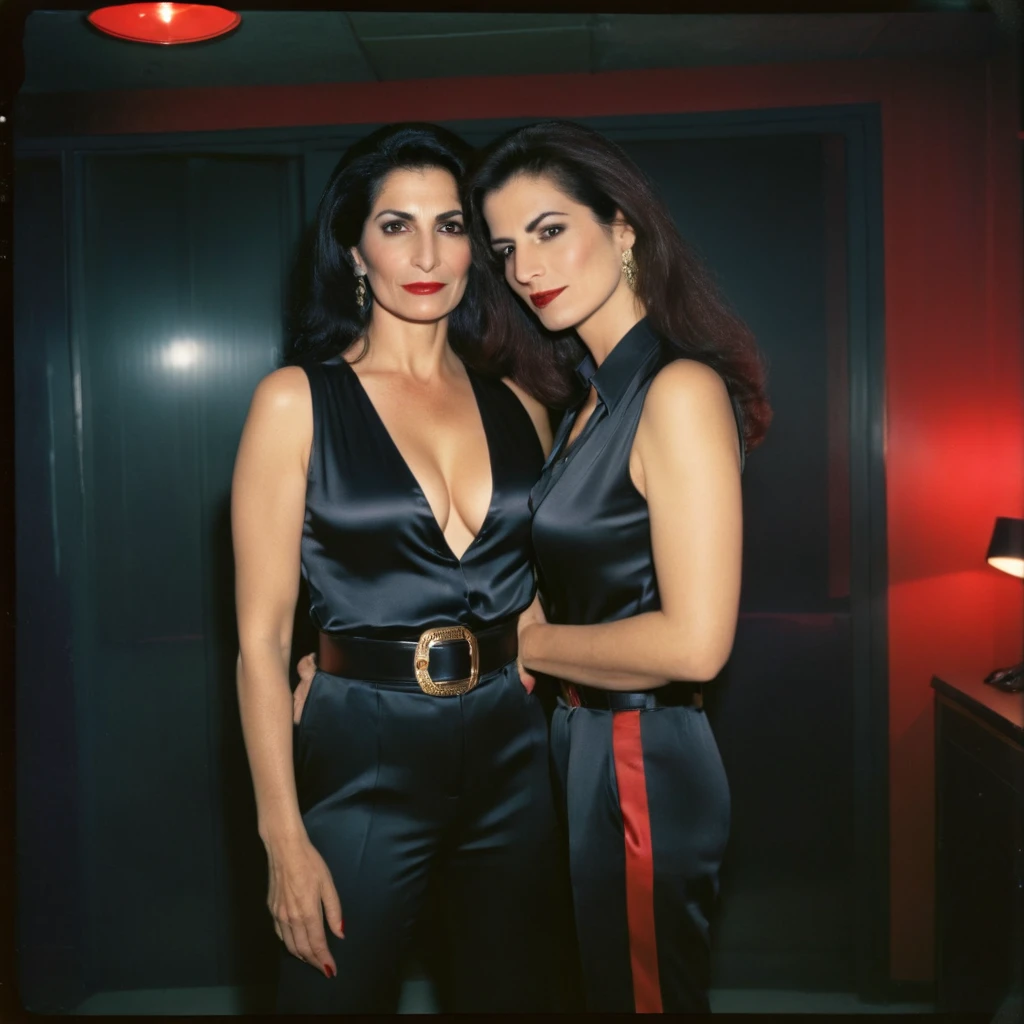 AnalogRedmAF Polaroid, two busty Assyrian mature women, Silk sleeveless tight Blouse - tucked into Black Satin Belted Flared Pants - Kissing each other, Dimly Lit, Red Spotlight lighting, liminal empty Office room, Looking at Camera, Nighttime, blurry and hazy background.