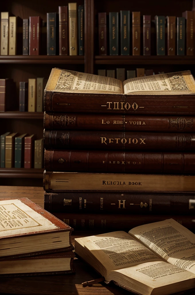 Photorealistic quality. high detail. An old volume of a closed book lies on a table in the library.. soft light. Side view. The Russian Word is written on the spine of the book.. Background - shelves with books