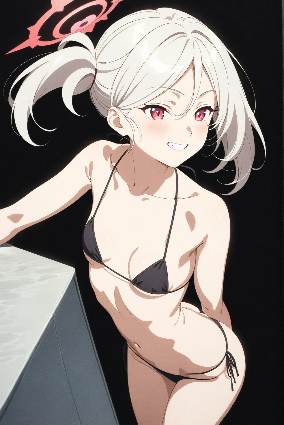 best quality, amazing quality, very aesthetic, absurdres, (1girl, mutsuki, blue archive, solo, red eyes, white hair), (realistic face:0.9),(string bikini:1.8), (grin, blush, thigh:1.3), (cowboy shot), (glowing eyes), (half closed eyes:0.9), (ass), (official art:1.3), (pool), expressive eyes, perfect face, extremely detailed eyes, perfect anatomy, smooth skin, (black background:1.5), clear eyes, beautiful face, small breasts, (anime style:1.7), (Warm Light:1.5), (highres:2), (Chiaroscuro),