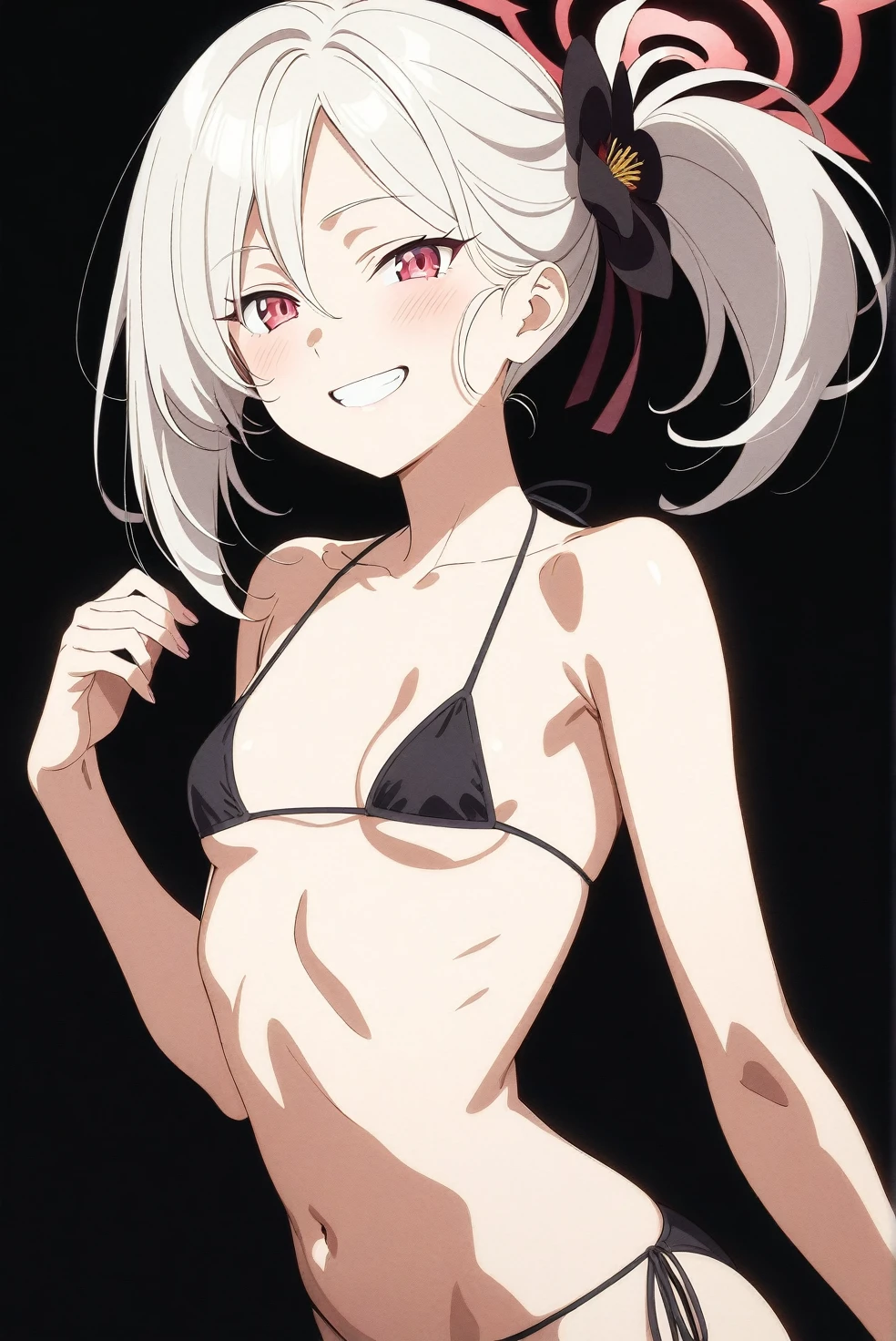 best quality, amazing quality, very aesthetic, absurdres, (1girl, mutsuki, blue archive, solo, red eyes, white hair), (realistic face:0.9),(string bikini:1.8), (grin, blush, thigh:1.3), (cowboy shot), (glowing eyes), (half closed eyes:0.9), (ass), (official art:1.3), (pool), expressive eyes, perfect face, extremely detailed eyes, perfect anatomy, smooth skin, (black background:1.5), clear eyes, beautiful face, small breasts, (anime style:1.7), (Warm Light:1.5), (highres:2), (Chiaroscuro),