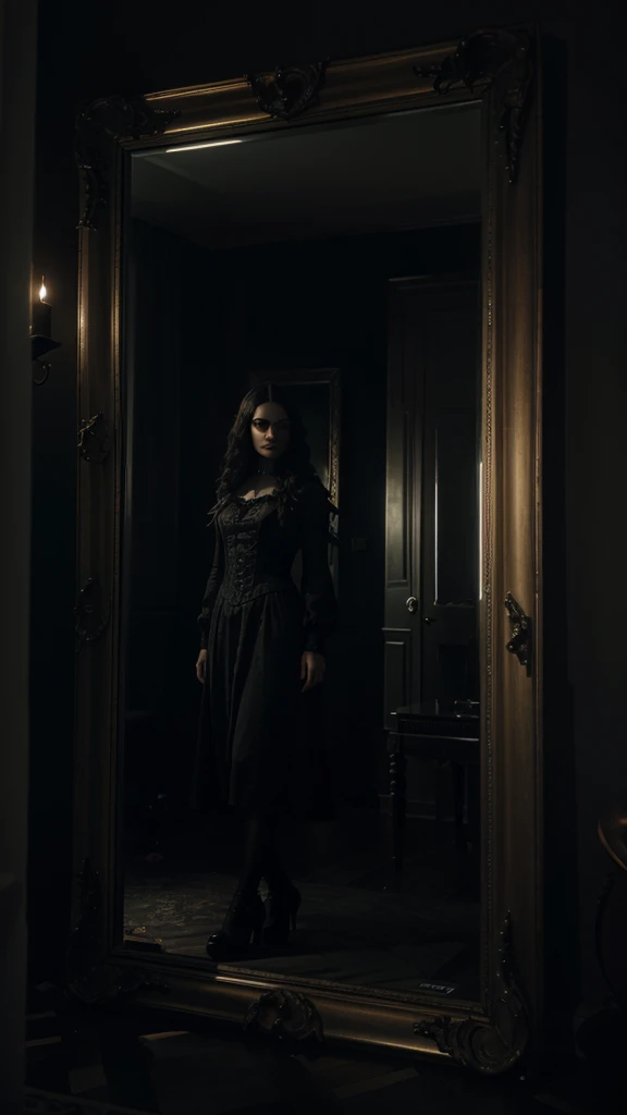 A gothic ornate framed mirror, reflecting a shadowy figure, chiaroscuro lighting, dark and moody atmosphere, dramatic contrast, highly detailed, cinematic, 4k, octane render, award winning artwork